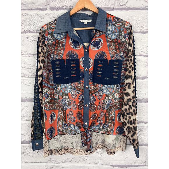 John Mark Womens S Maximalist Artsy Boho Western Distressed Button Down Shirt - Picture 3 of 12